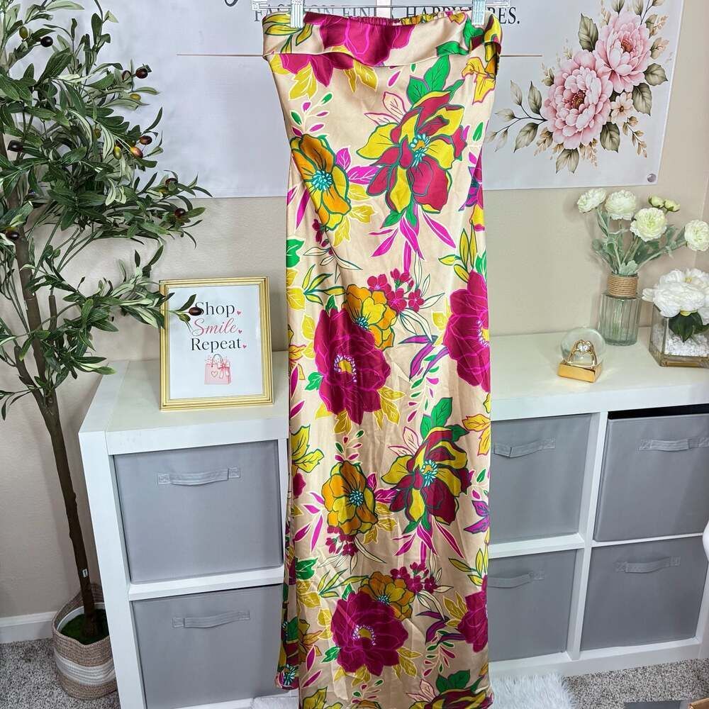 Sincerely Jules Floral Satin Maxi Skirt Large Tropical Print Lined Women’s